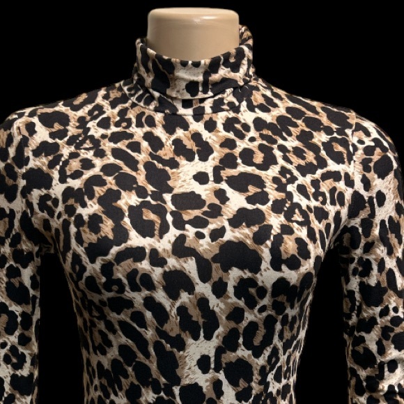 Leopard Print Bodysuit Turtleneck Long Sleeve full bottom brown tan,black size L - Picture 9 of 17